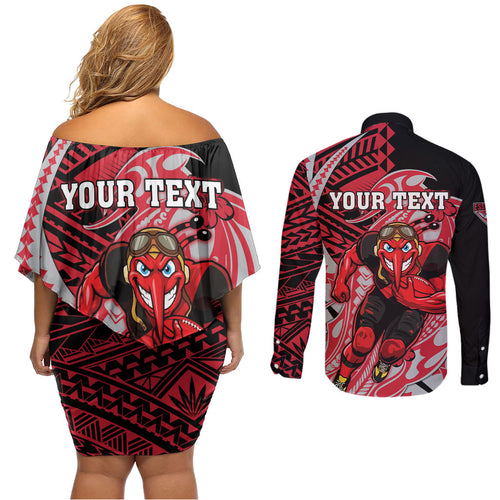 Personalized Essendon Bombers Couples Matching Off Shoulder Short Dress and Long Sleeve Button Shirt Polynesian Tribal Bomber Pilot Mascot With Hibiscus Floral Art