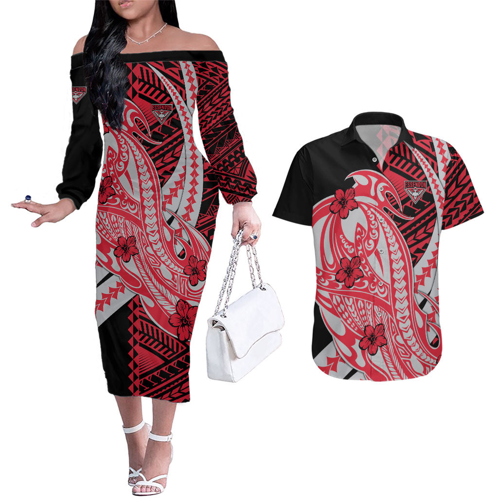 Personalized Essendon Bombers Couples Matching Off The Shoulder Long Sleeve Dress and Hawaiian Shirt Polynesian Tribal Bomber Pilot Mascot With Hibiscus Floral Art