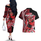 Personalized Essendon Bombers Couples Matching Off The Shoulder Long Sleeve Dress and Hawaiian Shirt Polynesian Tribal Bomber Pilot Mascot With Hibiscus Floral Art