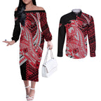 Personalized Essendon Bombers Couples Matching Off The Shoulder Long Sleeve Dress and Long Sleeve Button Shirt Polynesian Tribal Bomber Pilot Mascot With Hibiscus Floral Art