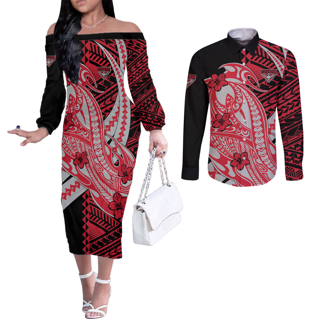 Personalized Essendon Bombers Couples Matching Off The Shoulder Long Sleeve Dress and Long Sleeve Button Shirt Polynesian Tribal Bomber Pilot Mascot With Hibiscus Floral Art