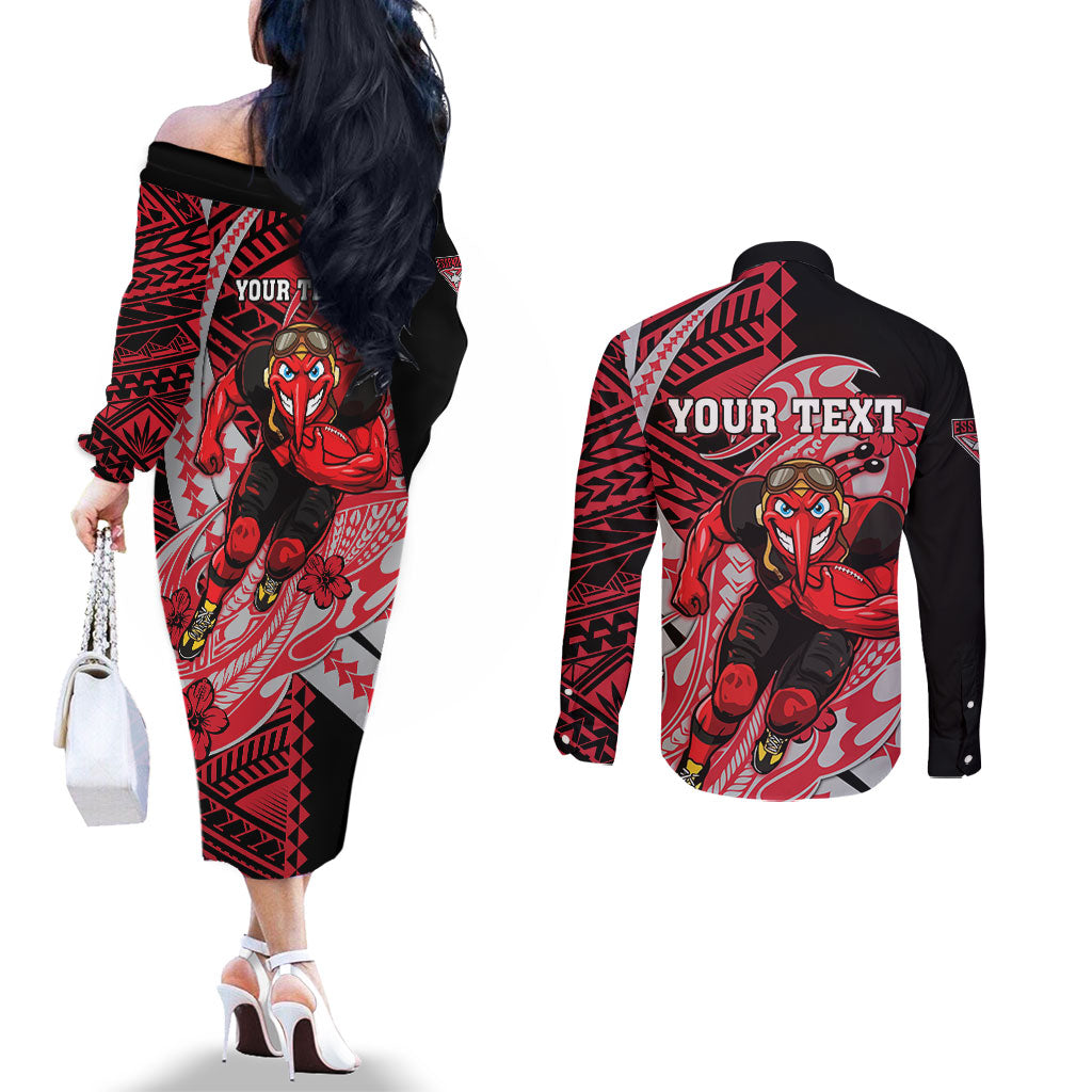 Personalized Essendon Bombers Couples Matching Off The Shoulder Long Sleeve Dress and Long Sleeve Button Shirt Polynesian Tribal Bomber Pilot Mascot With Hibiscus Floral Art