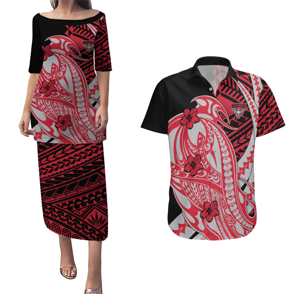 Personalized Essendon Bombers Couples Matching Puletasi and Hawaiian Shirt Polynesian Tribal Bomber Pilot Mascot With Hibiscus Floral Art