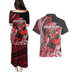 Personalized Essendon Bombers Couples Matching Puletasi and Hawaiian Shirt Polynesian Tribal Bomber Pilot Mascot With Hibiscus Floral Art