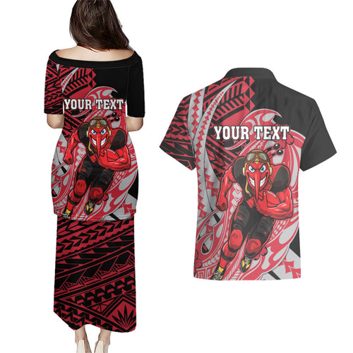 Personalized Essendon Bombers Couples Matching Puletasi and Hawaiian Shirt Polynesian Tribal Bomber Pilot Mascot With Hibiscus Floral Art