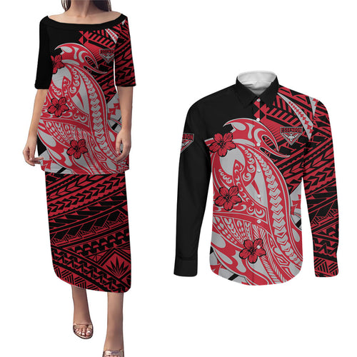 Personalized Essendon Bombers Couples Matching Puletasi and Long Sleeve Button Shirt Polynesian Tribal Bomber Pilot Mascot With Hibiscus Floral Art