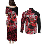Personalized Essendon Bombers Couples Matching Puletasi and Long Sleeve Button Shirt Polynesian Tribal Bomber Pilot Mascot With Hibiscus Floral Art