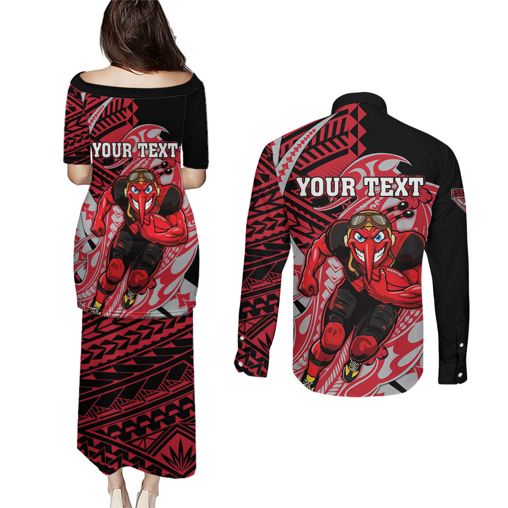 Personalized Essendon Bombers Couples Matching Puletasi and Long Sleeve Button Shirt Polynesian Tribal Bomber Pilot Mascot With Hibiscus Floral Art