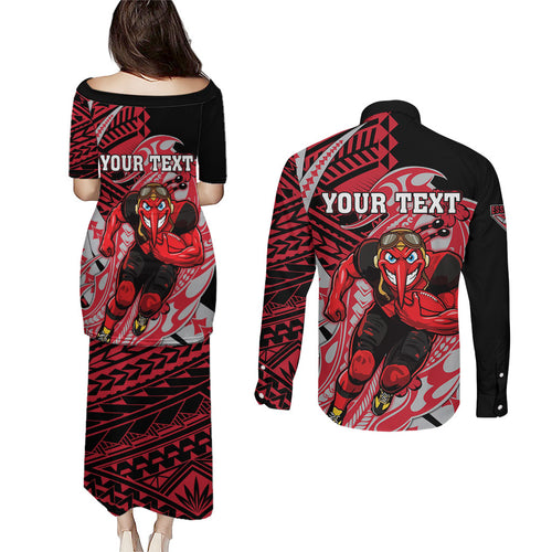 Personalized Essendon Bombers Couples Matching Puletasi and Long Sleeve Button Shirt Polynesian Tribal Bomber Pilot Mascot With Hibiscus Floral Art