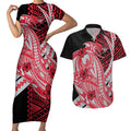 Personalized Essendon Bombers Couples Matching Short Sleeve Bodycon Dress and Hawaiian Shirt Polynesian Tribal Bomber Pilot Mascot With Hibiscus Floral Art