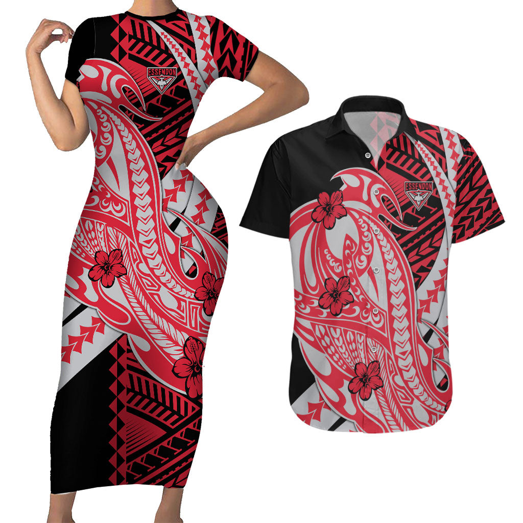 Personalized Essendon Bombers Couples Matching Short Sleeve Bodycon Dress and Hawaiian Shirt Polynesian Tribal Bomber Pilot Mascot With Hibiscus Floral Art