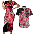 Personalized Essendon Bombers Couples Matching Short Sleeve Bodycon Dress and Hawaiian Shirt Polynesian Tribal Bomber Pilot Mascot With Hibiscus Floral Art