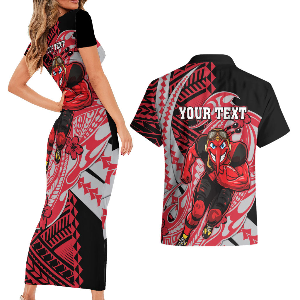 Personalized Essendon Bombers Couples Matching Short Sleeve Bodycon Dress and Hawaiian Shirt Polynesian Tribal Bomber Pilot Mascot With Hibiscus Floral Art