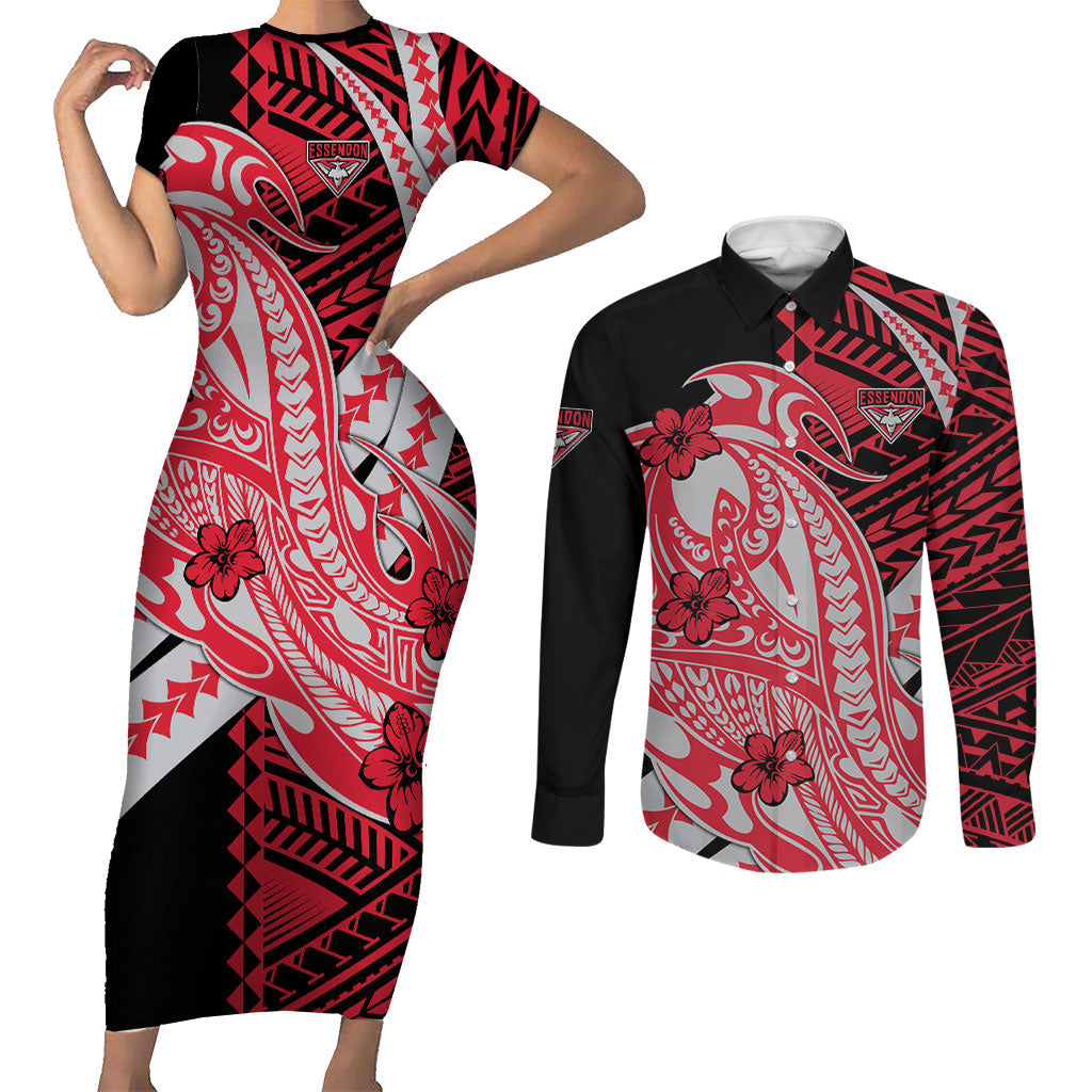 Personalized Essendon Bombers Couples Matching Short Sleeve Bodycon Dress and Long Sleeve Button Shirt Polynesian Tribal Bomber Pilot Mascot With Hibiscus Floral Art