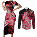 Personalized Essendon Bombers Couples Matching Short Sleeve Bodycon Dress and Long Sleeve Button Shirt Polynesian Tribal Bomber Pilot Mascot With Hibiscus Floral Art