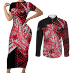 Personalized Essendon Bombers Couples Matching Short Sleeve Bodycon Dress and Long Sleeve Button Shirt Polynesian Tribal Bomber Pilot Mascot With Hibiscus Floral Art