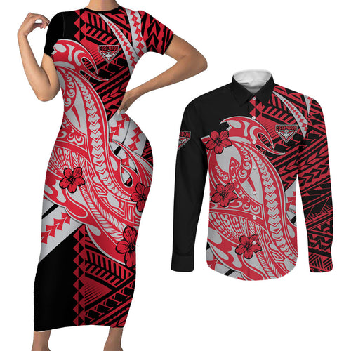 Personalized Essendon Bombers Couples Matching Short Sleeve Bodycon Dress and Long Sleeve Button Shirt Polynesian Tribal Bomber Pilot Mascot With Hibiscus Floral Art