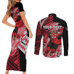 Personalized Essendon Bombers Couples Matching Short Sleeve Bodycon Dress and Long Sleeve Button Shirt Polynesian Tribal Bomber Pilot Mascot With Hibiscus Floral Art