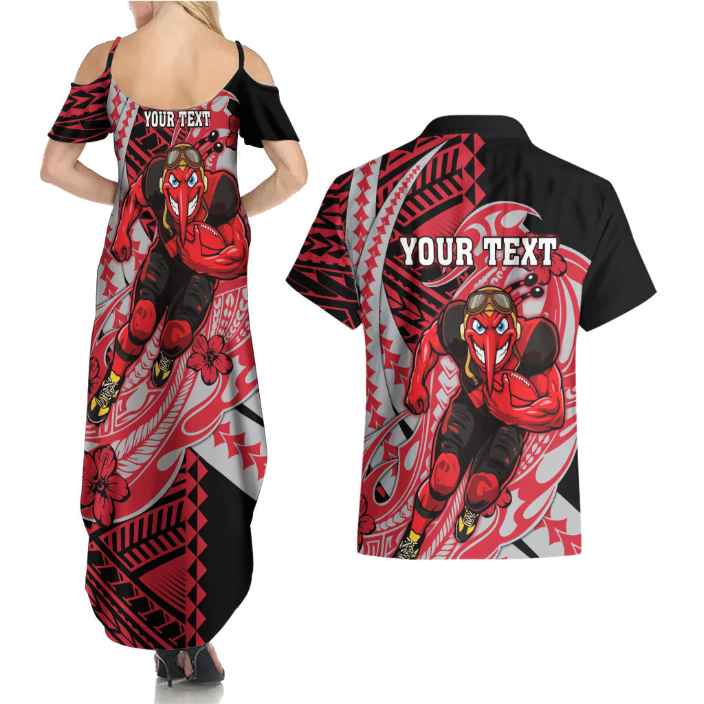 Personalized Essendon Bombers Couples Matching Summer Maxi Dress and Hawaiian Shirt Polynesian Tribal Bomber Pilot Mascot With Hibiscus Floral Art