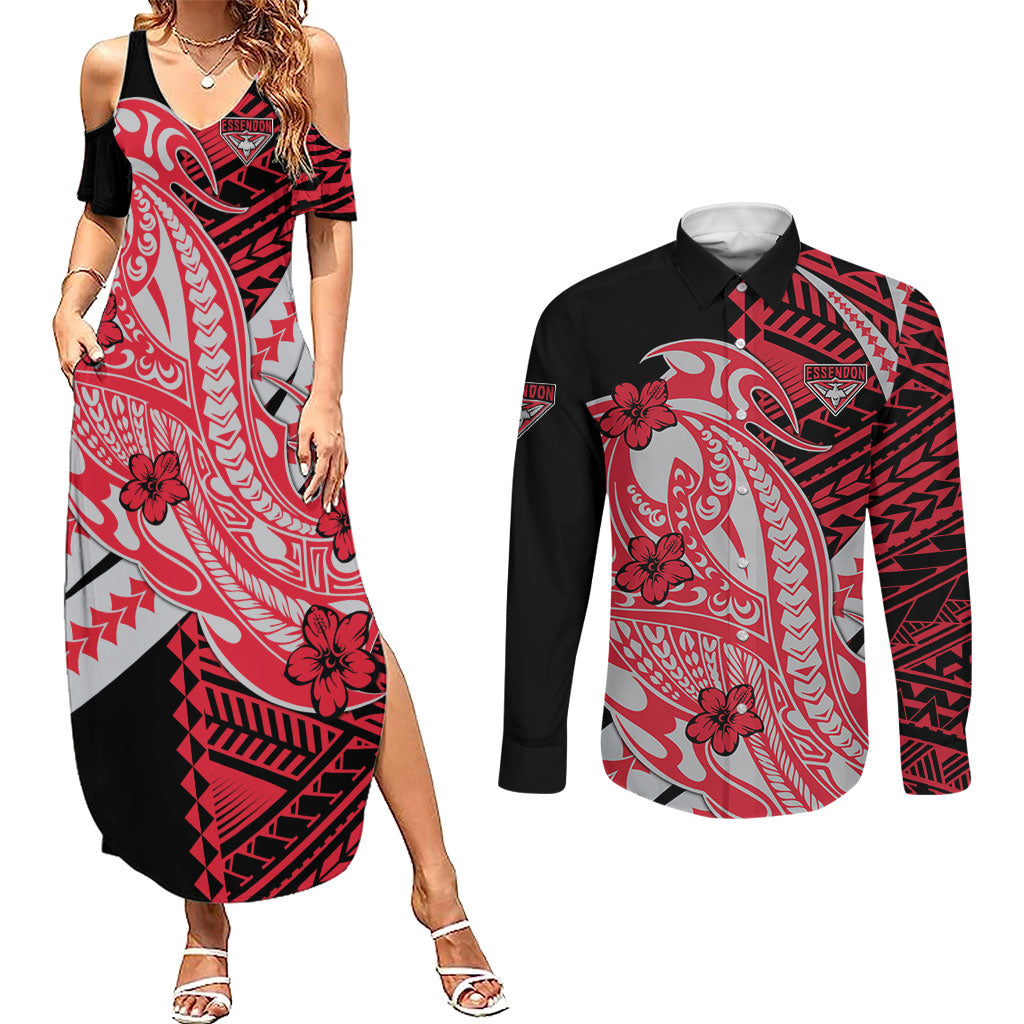 Personalized Essendon Bombers Couples Matching Summer Maxi Dress and Long Sleeve Button Shirt Polynesian Tribal Bomber Pilot Mascot With Hibiscus Floral Art