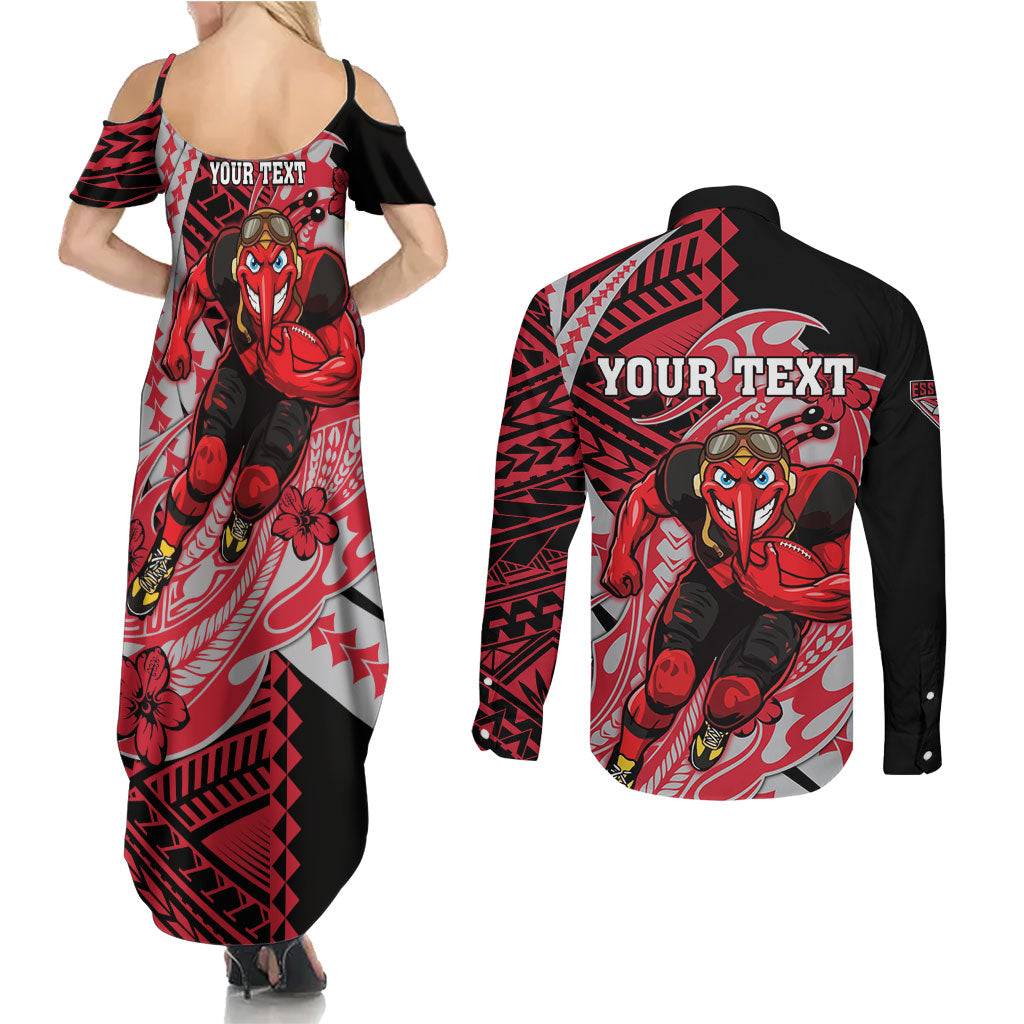 Personalized Essendon Bombers Couples Matching Summer Maxi Dress and Long Sleeve Button Shirt Polynesian Tribal Bomber Pilot Mascot With Hibiscus Floral Art