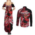 Personalized Essendon Bombers Couples Matching Summer Maxi Dress and Long Sleeve Button Shirt Polynesian Tribal Bomber Pilot Mascot With Hibiscus Floral Art