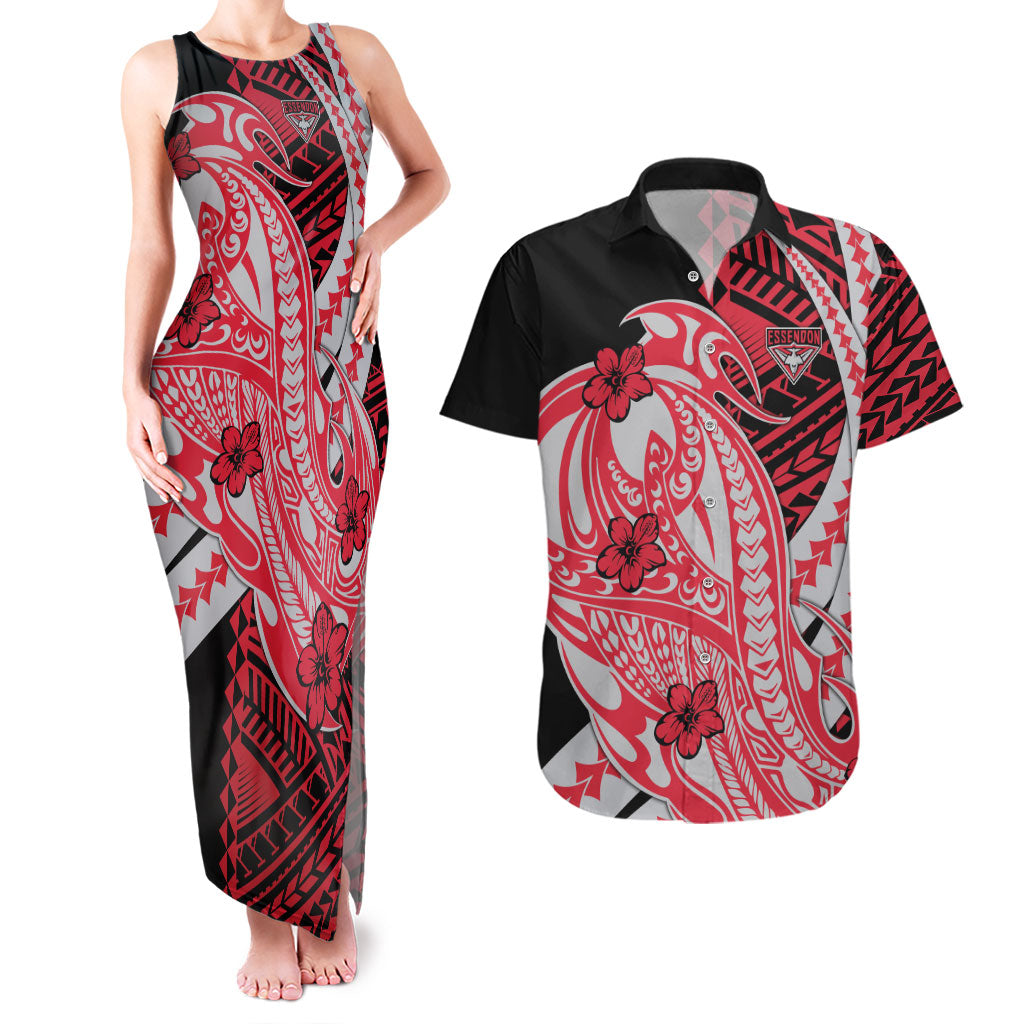 Personalized Essendon Bombers Couples Matching Tank Maxi Dress and Hawaiian Shirt Polynesian Tribal Bomber Pilot Mascot With Hibiscus Floral Art