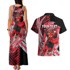 Personalized Essendon Bombers Couples Matching Tank Maxi Dress and Hawaiian Shirt Polynesian Tribal Bomber Pilot Mascot With Hibiscus Floral Art