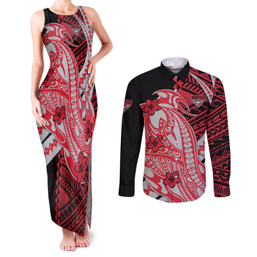 Personalized Essendon Bombers Couples Matching Tank Maxi Dress and Long Sleeve Button Shirt Polynesian Tribal Bomber Pilot Mascot With Hibiscus Floral Art