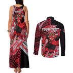 Personalized Essendon Bombers Couples Matching Tank Maxi Dress and Long Sleeve Button Shirt Polynesian Tribal Bomber Pilot Mascot With Hibiscus Floral Art