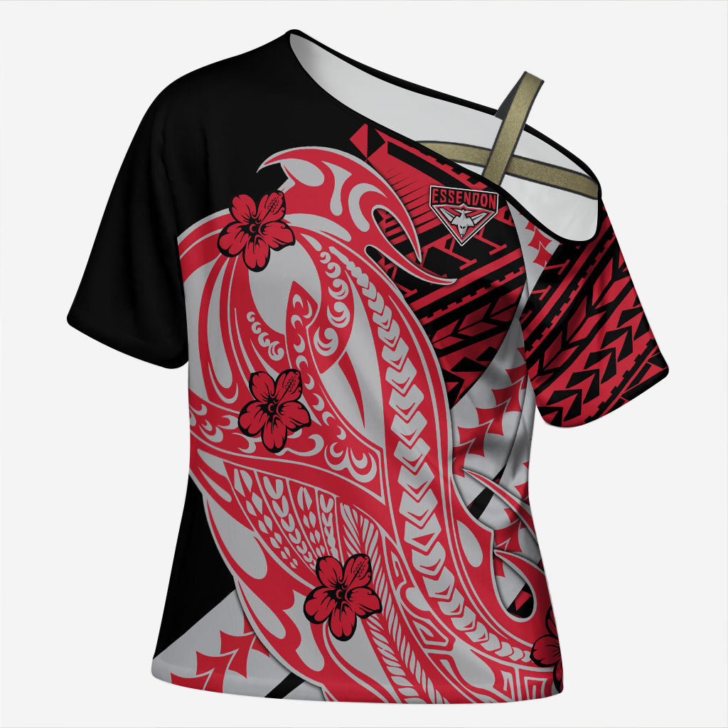 Personalized Essendon Bombers Cross Shoulder Shirt Polynesian Tribal Bomber Pilot Mascot With Hibiscus Floral Art