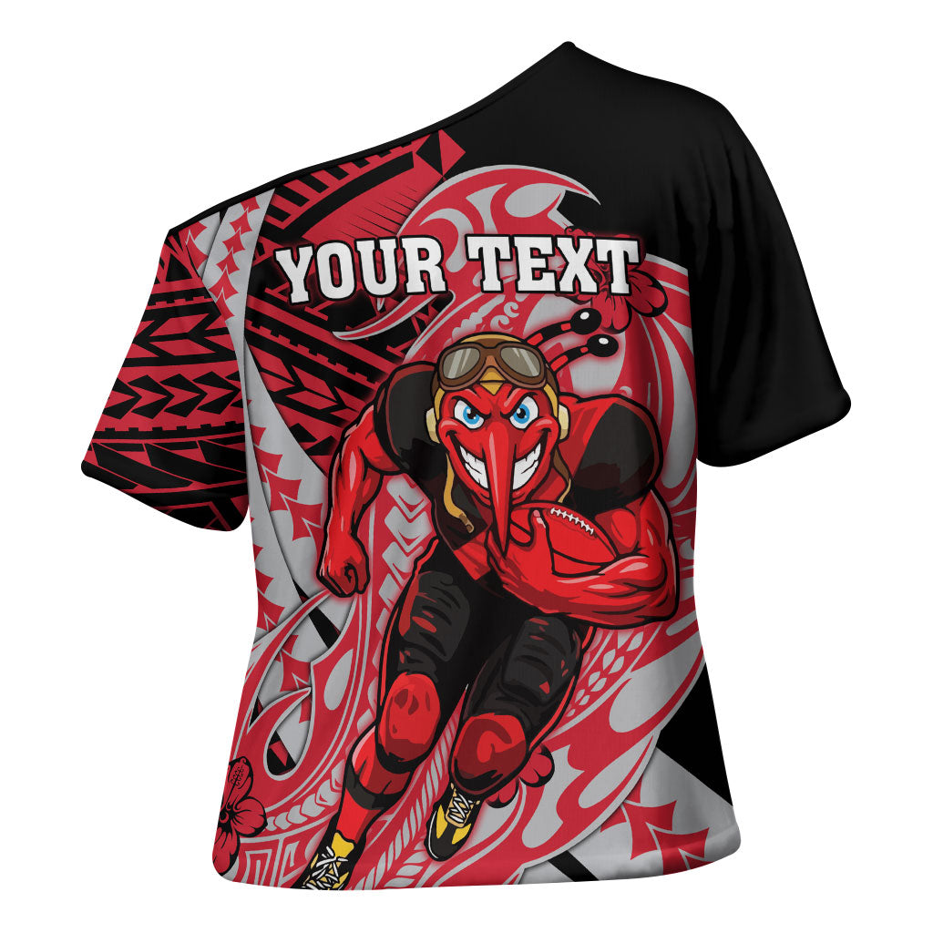 Personalized Essendon Bombers Cross Shoulder Shirt Polynesian Tribal Bomber Pilot Mascot With Hibiscus Floral Art