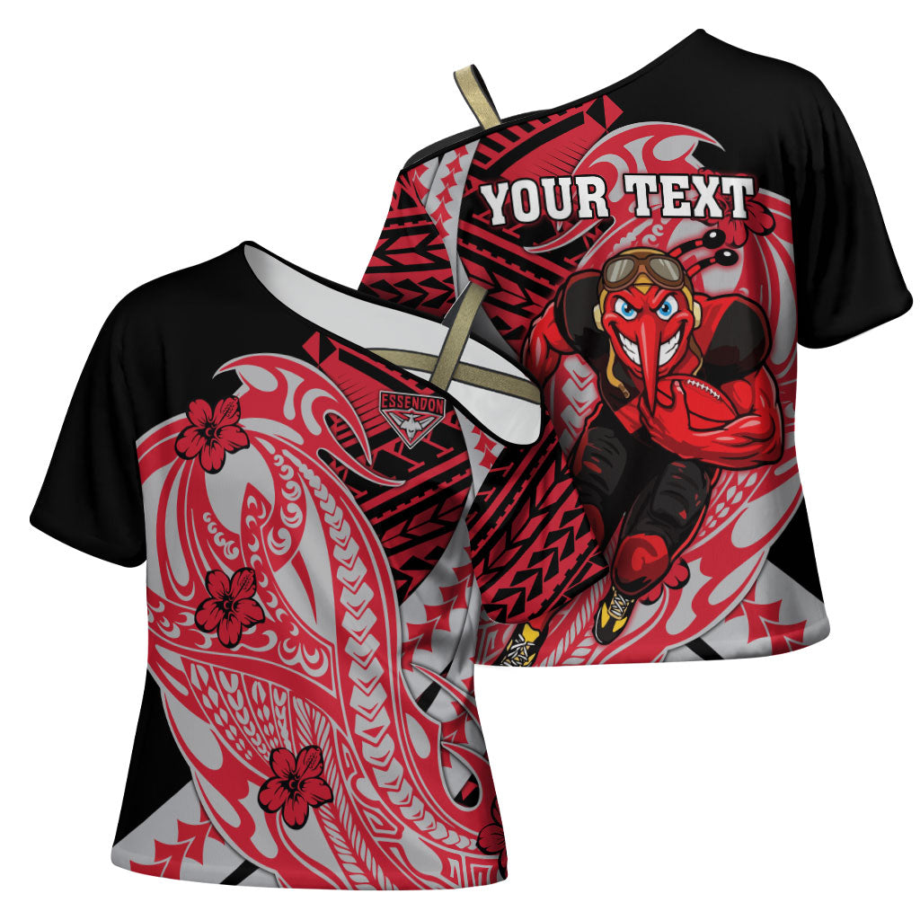 Personalized Essendon Bombers Cross Shoulder Shirt Polynesian Tribal Bomber Pilot Mascot With Hibiscus Floral Art