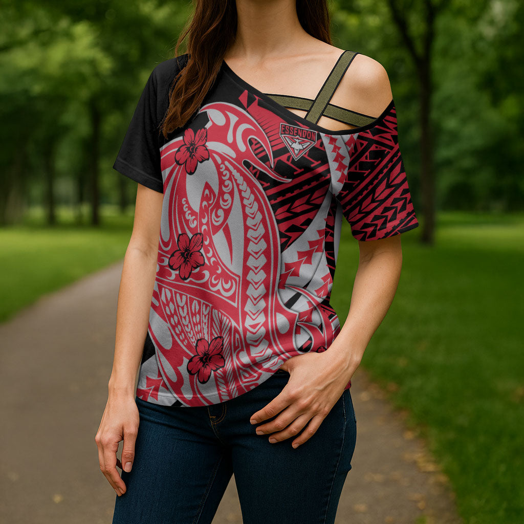 Personalized Essendon Bombers Cross Shoulder Shirt Polynesian Tribal Bomber Pilot Mascot With Hibiscus Floral Art