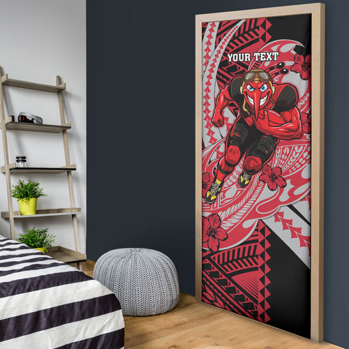 Personalized Essendon Bombers Door Cover Polynesian Tribal Bomber Pilot Mascot With Hibiscus Floral Art