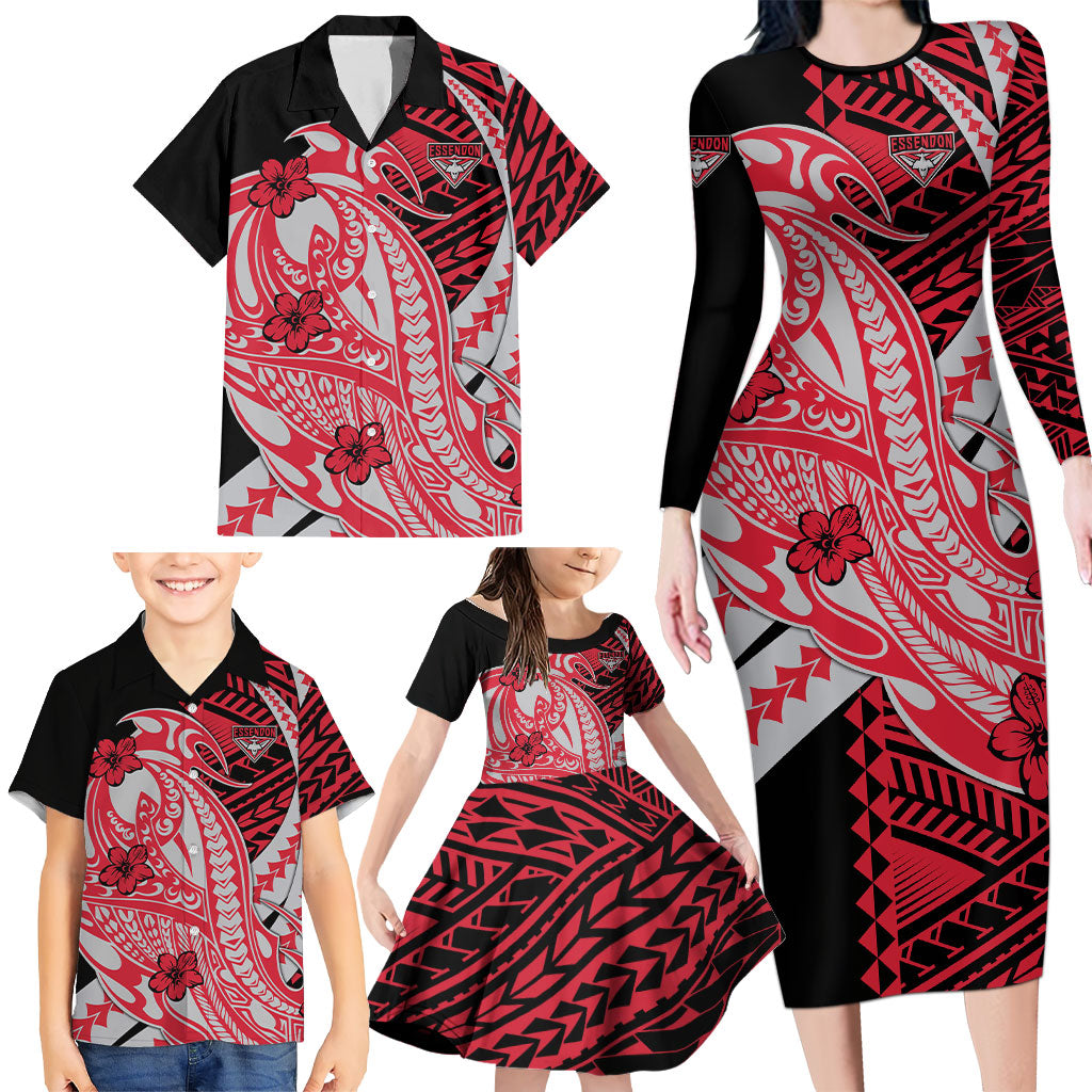 Personalized Essendon Bombers Family Matching Long Sleeve Bodycon Dress and Hawaiian Shirt Polynesian Tribal Bomber Pilot Mascot With Hibiscus Floral Art