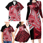 Personalized Essendon Bombers Family Matching Long Sleeve Bodycon Dress and Hawaiian Shirt Polynesian Tribal Bomber Pilot Mascot With Hibiscus Floral Art