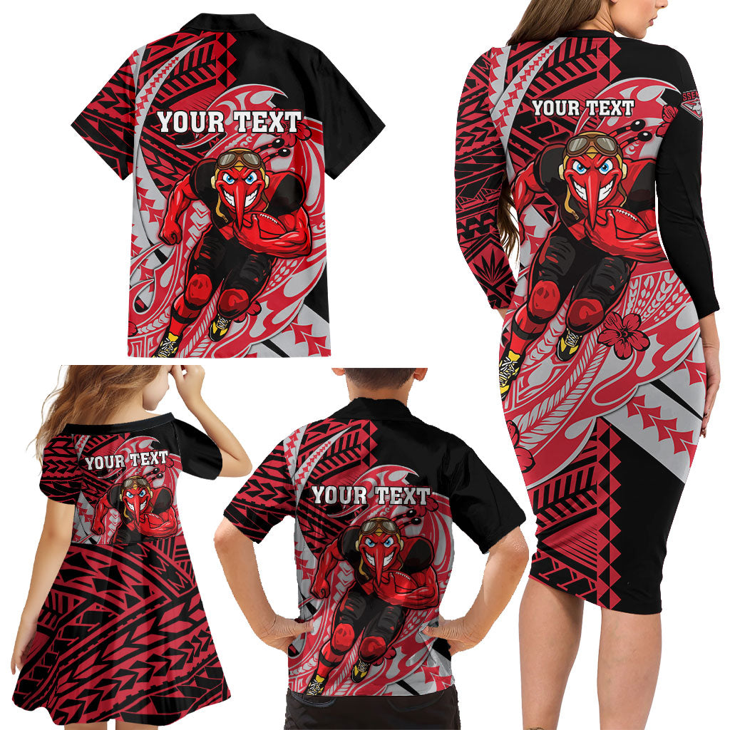 Personalized Essendon Bombers Family Matching Long Sleeve Bodycon Dress and Hawaiian Shirt Polynesian Tribal Bomber Pilot Mascot With Hibiscus Floral Art