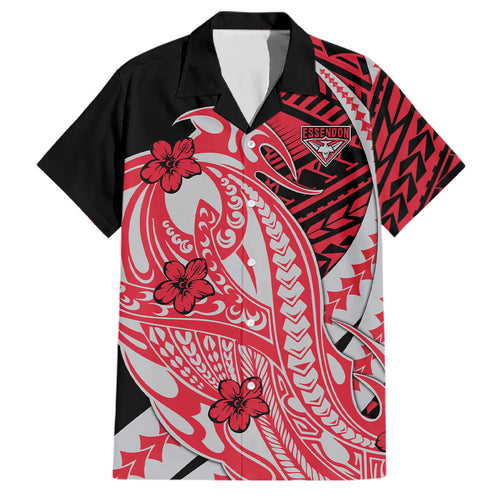 Personalized Essendon Bombers Family Matching Long Sleeve Bodycon Dress and Hawaiian Shirt Polynesian Tribal Bomber Pilot Mascot With Hibiscus Floral Art