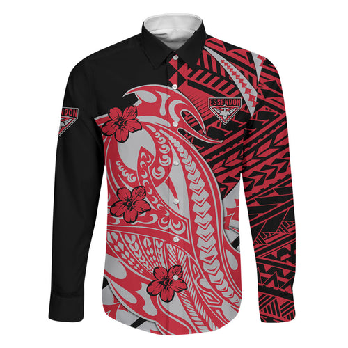 Personalized Essendon Bombers Family Matching Long Sleeve Bodycon Dress and Hawaiian Shirt Polynesian Tribal Bomber Pilot Mascot With Hibiscus Floral Art