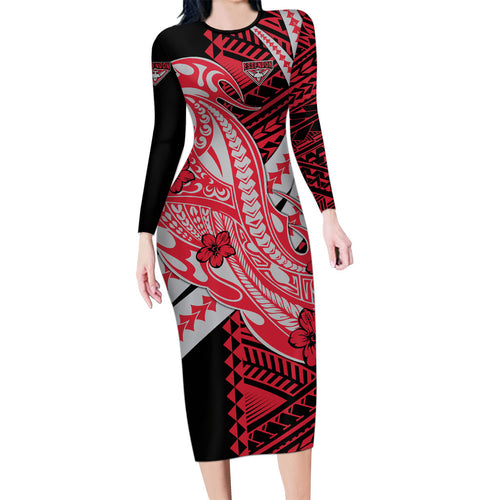 Personalized Essendon Bombers Family Matching Long Sleeve Bodycon Dress and Hawaiian Shirt Polynesian Tribal Bomber Pilot Mascot With Hibiscus Floral Art