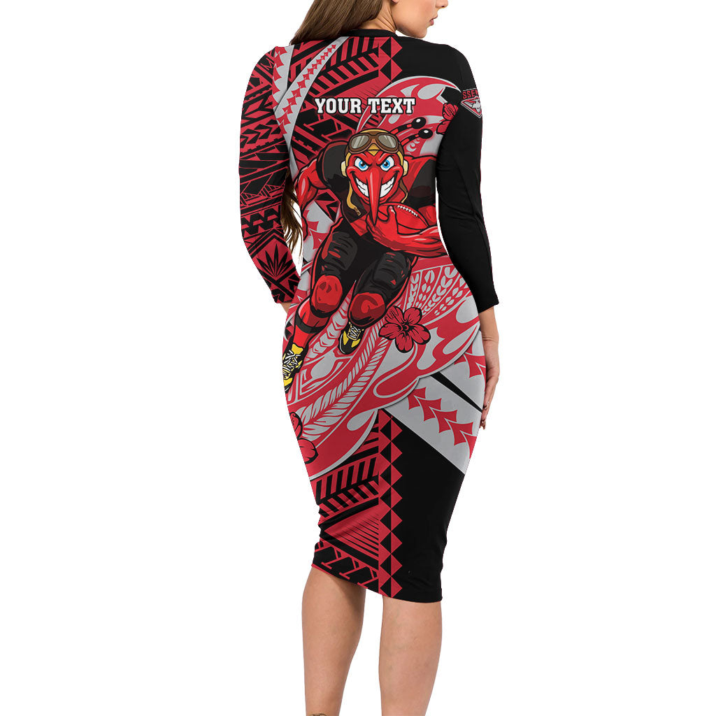 Personalized Essendon Bombers Family Matching Long Sleeve Bodycon Dress and Hawaiian Shirt Polynesian Tribal Bomber Pilot Mascot With Hibiscus Floral Art