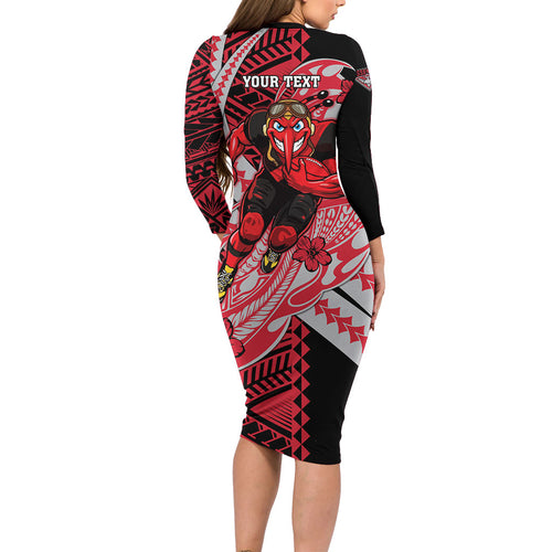 Personalized Essendon Bombers Family Matching Long Sleeve Bodycon Dress and Hawaiian Shirt Polynesian Tribal Bomber Pilot Mascot With Hibiscus Floral Art