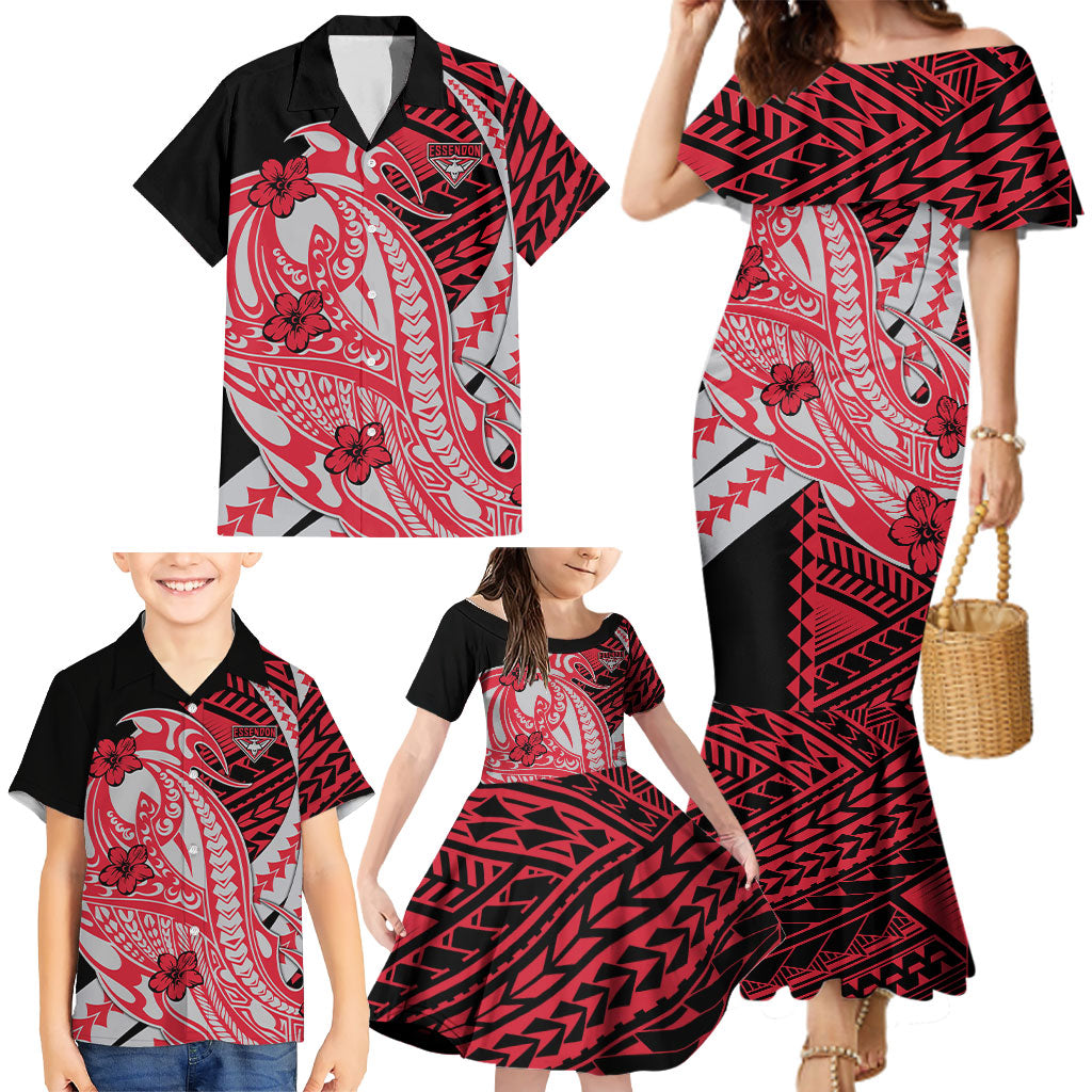 Personalized Essendon Bombers Family Matching Mermaid Dress and Hawaiian Shirt Polynesian Tribal Bomber Pilot Mascot With Hibiscus Floral Art
