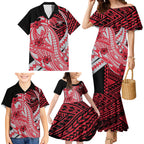 Personalized Essendon Bombers Family Matching Mermaid Dress and Hawaiian Shirt Polynesian Tribal Bomber Pilot Mascot With Hibiscus Floral Art