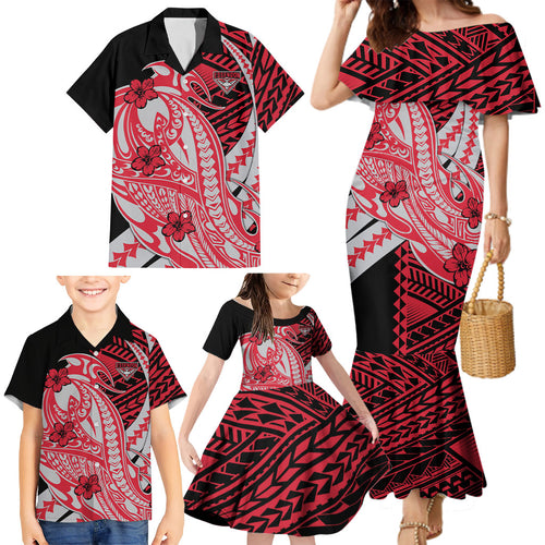Personalized Essendon Bombers Family Matching Mermaid Dress and Hawaiian Shirt Polynesian Tribal Bomber Pilot Mascot With Hibiscus Floral Art