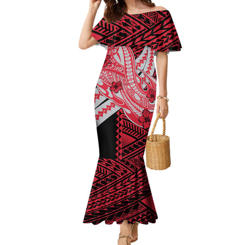 Personalized Essendon Bombers Family Matching Mermaid Dress and Hawaiian Shirt Polynesian Tribal Bomber Pilot Mascot With Hibiscus Floral Art