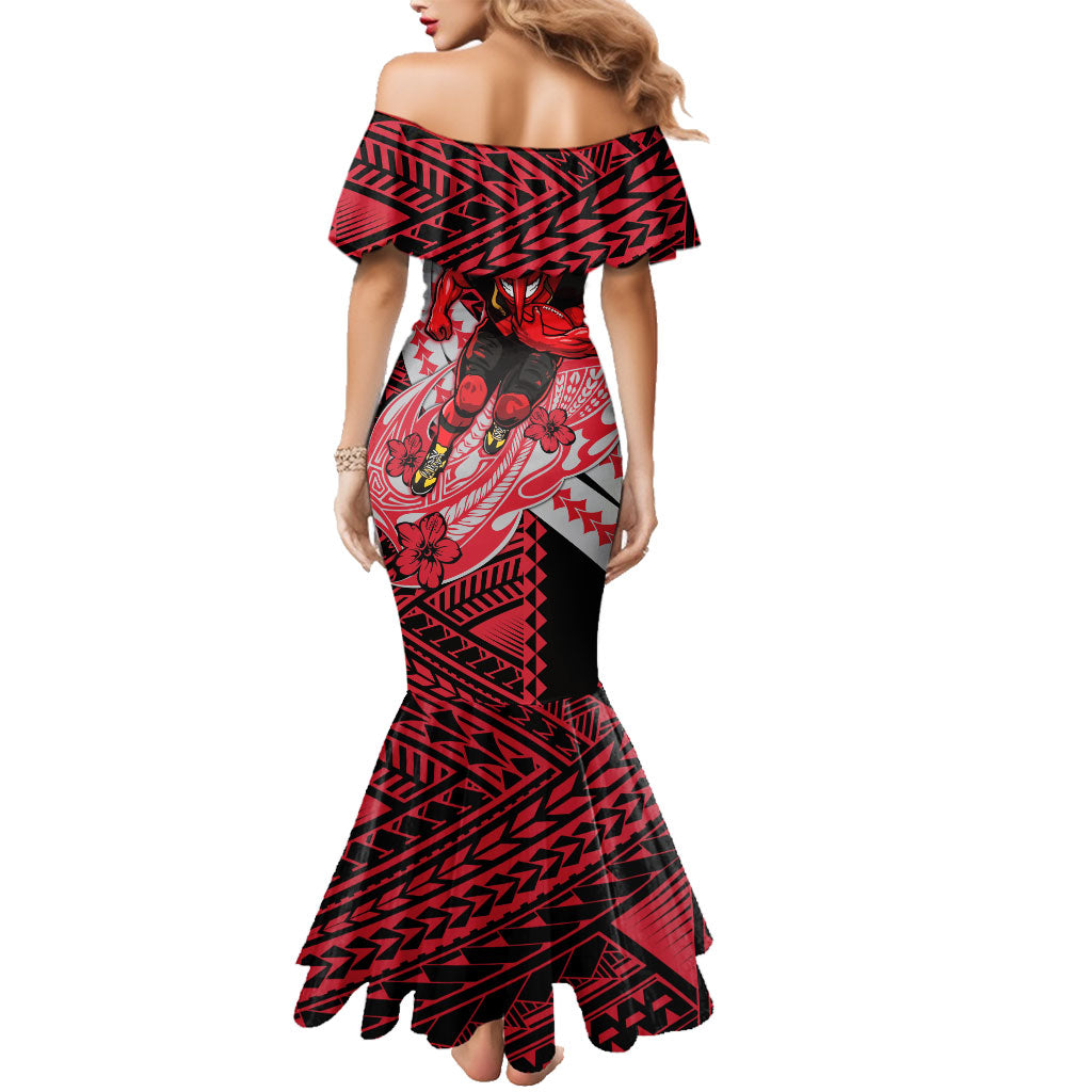 Personalized Essendon Bombers Family Matching Mermaid Dress and Hawaiian Shirt Polynesian Tribal Bomber Pilot Mascot With Hibiscus Floral Art