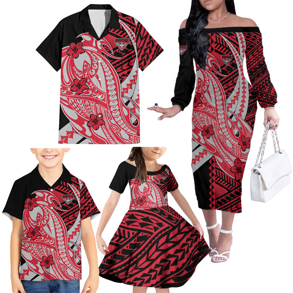 Personalized Essendon Bombers Family Matching Off The Shoulder Long Sleeve Dress and Hawaiian Shirt Polynesian Tribal Bomber Pilot Mascot With Hibiscus Floral Art