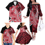 Personalized Essendon Bombers Family Matching Off The Shoulder Long Sleeve Dress and Hawaiian Shirt Polynesian Tribal Bomber Pilot Mascot With Hibiscus Floral Art